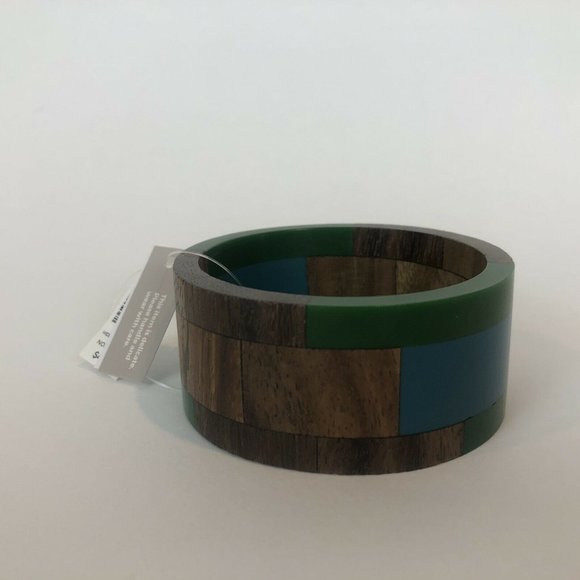 New Chico's Wide Blue and Green Wood Bangle Bracelet - Picture 6 of 10